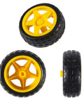 Prewired TT Gear Motor Wheel Kit For RC Cars And Robots, 69mm plastic tires, side and front view display