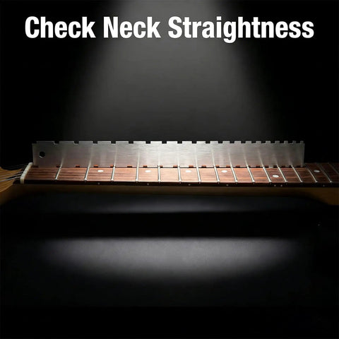 All In One Guitar Maintenance Kit With Fret Press And Fret Leveling Tools, stainless steel notched ruler on guitar neck