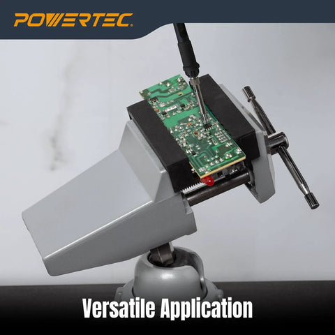 Go To Vacuum Base Vise With 2-3/4 Inch Jaw holding circuit board, showing 360-degree swivel for DIY projects and soldering