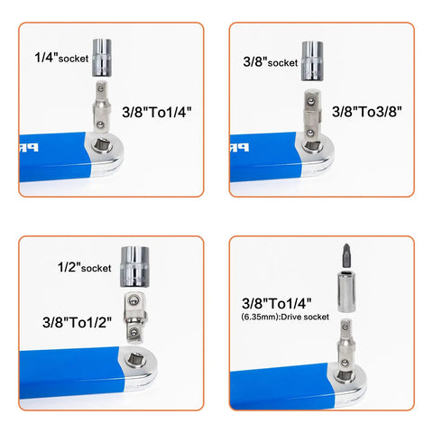Ratchet Wrench Extender For Hard To Reach Spots, Universal Offset Extension Bar with various drive adapters shown