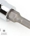 Close-up of One Quarter Inch Drive Hex Bit Socket with Precise Six Sided Hex Tip for a Tight Slip Free Fit, shown with hex fastener.