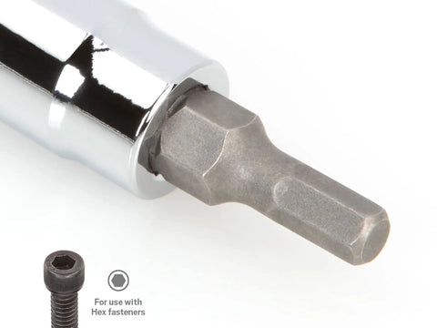 Close-up of One Quarter Inch Drive Hex Bit Socket with Precise Six Sided Hex Tip for a Tight Slip Free Fit, shown with hex fastener.