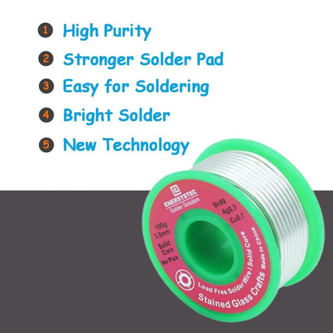 Image showing a spool of 3.0mm Lead Free Solder Wire For Stained Glass Crafting, Solid Core No Flux Solder For Glass Art, Sn99 Ag0.3 Cu0.7 RoHS, 0.12 Inch Diameter with highlighted features including high purity and bright solder.