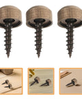 3 pieces of 24 Pcs Top Shelf Mirror Screws With Self Tapping Tips And Snug Decorative Caps showcasing dark brown color and self-driving tips.