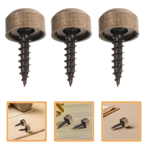 3 pieces of 24 Pcs Top Shelf Mirror Screws With Self Tapping Tips And Snug Decorative Caps showcasing dark brown color and self-driving tips.