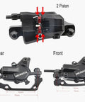 Heavy Duty Hydraulic Disc Brake Set With 160mm Rotor And Aluminum Mountain Bike Calipers featuring dual piston rear and front calipers.