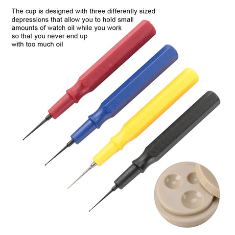 Watch Oiler Kit For Precision Lubrication 4 Piece Oil Pen Set With Multi Well Oil Cup showing colored pens and oil cup.