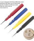 Pro Grade Lubrication Kit with four colorful oil pins and oil cup for precise, messfree lubrication, ideal for watchmakers.