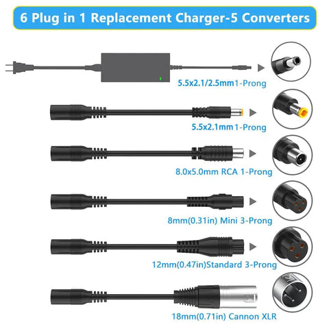 6-in-1 plug set for Versatile 42V 2A Scooter Charger with various connectors for 36V lithium batteries.