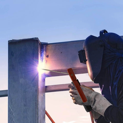 Welder using 500 Amp Heavy Duty Welding Electrode Holder With Firm Grooved Jaw Grip For Five Eighths To Seven Sixteenths Inch Electrodes Brass Construction