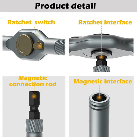 24 In 1 Magnetic Ratchet Screwdriver Set S2 Steel Bits showing ratchet switch and magnetic connection details for easy use.