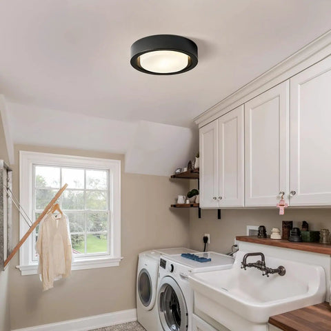Matte Black Flush Mount Ceiling Light With White Frosted Glass Shade Two Light Round Metal Fixture 13 Inch Modern Design