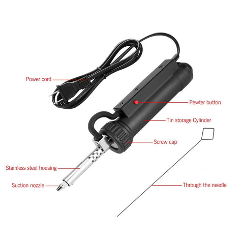 Electric Desoldering Pump For PCBs And Electronics Repair 110V 30W Automatic Solder Sucker with labeled components and features