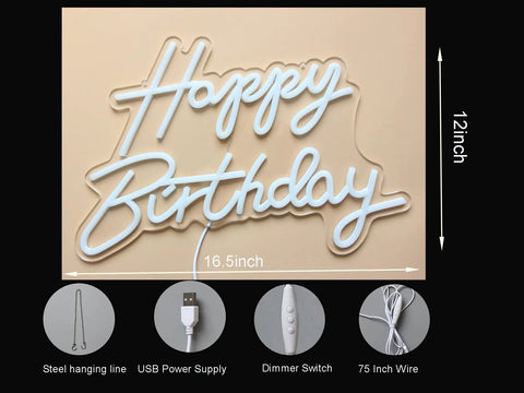 LED Neon Happy Birthday Sign Night Light For Party Backdrops And Bedroom Wall Decor, USB Powered White Glow with dimensions and accessories