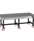 Industrial Grade Welding Fixture Table With Rolling Locking Casters For Pro Mechanics And Fabricators Laser Cut Precision Grid Pattern 96 By 48 By 36 Inches from the side view.