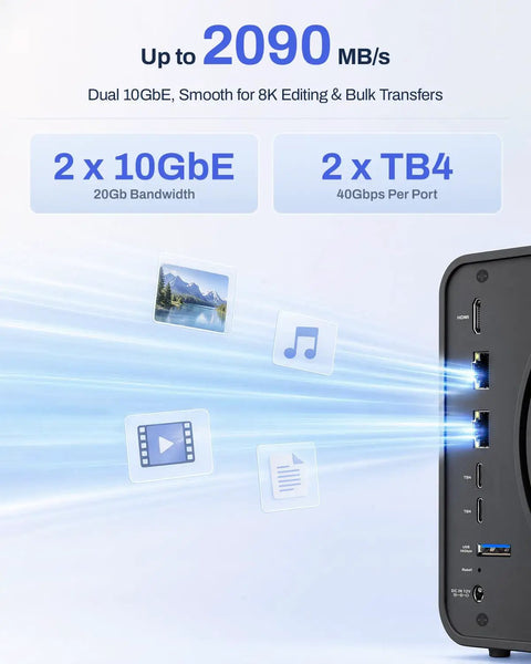 Kickass Five Bay Network Attached Storage Rig Built With Snappy Intel Core I3 Processor And Bountiful Eight Gigs Ddr5 Ram For Seamless Video Swapping And Lightning Fast Nvme Drives, showcasing connectivity options.