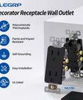 Matte Black Decorator Outlet 15A 125V Wall Receptacle NEMA 5-15R Self-Grounding Non-Tamper Resistant with features and UL listed badge