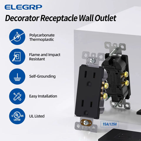Matte Black Decorator Outlet 15A 125V Wall Receptacle NEMA 5-15R Self-Grounding Non-Tamper Resistant with features and UL listed badge