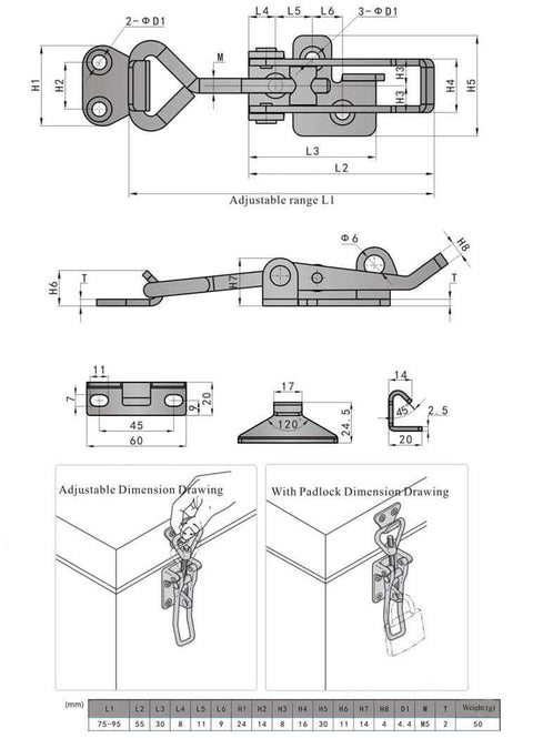 Adjustable 75 To 95mm Stainless Steel Cabinet Latch Lock With Lever Handle Toggle technical drawing and dimensions