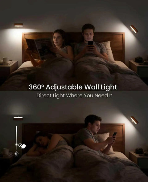 Legit Rechargeable Solid Wood Wall Sconces, Set Of Two Magnetic Bedside Reading Lights, Zero Wire Hassle in a dimly lit bedroom.