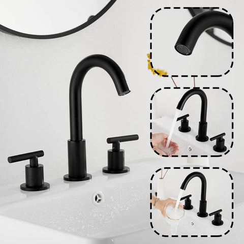 Black Bathroom Faucet With Two Handles Widespread 3 Holes Deck Mount No Fuss Install 360 Degree Swivel Spout Pop Up Drain 8 Inch Center