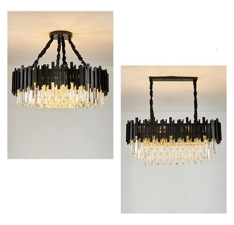 Stylish Black Stainless Steel LED Crystal Pendant Light Dope Design Bright Cold White Hanging Fixture For Living Room Dining Hall Kitchen Loft Space Premium Lighting Upgrade That Elevates Your Vibe And Glows Smooth All Night Long, featuring two angles with intricate crystal accents.