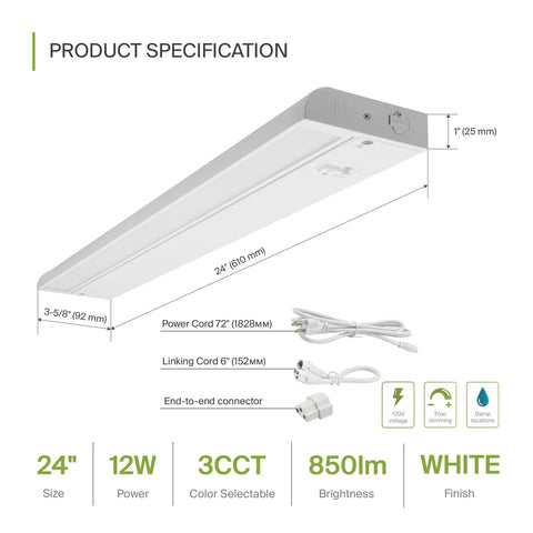 Swivel LED Under Cabinet Lighting Kit 24 Inch Plug In Or Hardwired Dimmable With 3CCT 2700K 4000K specification diagram