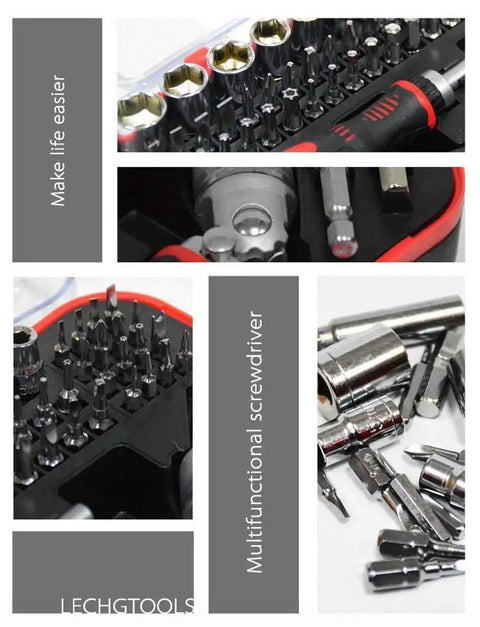 61 In 1 Ratcheting Screwdriver Set With Magnetic Bits shown in organized case with sockets and bits for multipurpose use.