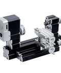 Precision Mini Metal Lathe 60W 12000 RPM Four Axis Micro Machining Tool with metal components and precise dials for machining.