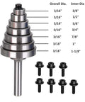 Seven Piece Top Mounted Bearing Replacement Kit For Rabbeting Router Bits With Ball Bearing Guides displayed with size details