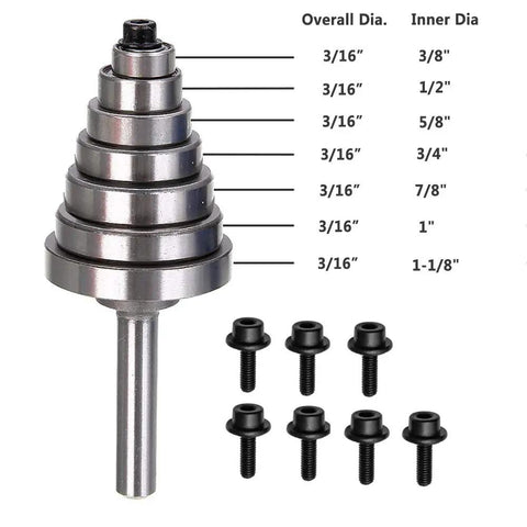 Seven Piece Top Mounted Bearing Replacement Kit For Rabbeting Router Bits With Ball Bearing Guides displayed with size details