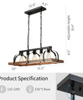 Five Light Metal Chandelier With Imitation Wood Grain Finish, shown with dimensions and E26 base, Rustic Farmhouse Style