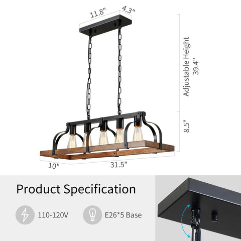 Five Light Metal Chandelier With Imitation Wood Grain Finish, shown with dimensions and E26 base, Rustic Farmhouse Style