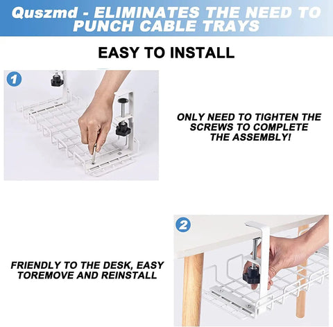 Under Desk Cable Management No Drill 32 Inch 2 Pack Fast Clip On Cable Organizer installation guide showing hand tightening clamp.