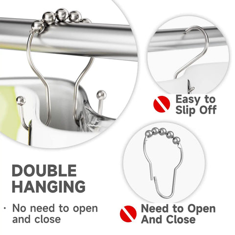 Rustproof Brushed Nickel Shower Curtain Hooks Set With Double Glide Design for Easy Hanging shown on rod