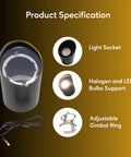 In Ground Well Light Fixture With Clear Cover And Adjustable Gimbal Ring Includes Bulb Cover And Socket Kit Supports Halogen And LED Bulbs Durable Black Outdoor Landscape Lighting with parts like gimbal ring and light socket.