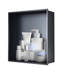 Black Stainless Shower Niche Shelf 12.5 X 12.5 X 4.7 Inches Slick Flush Mount Recessed Niche For Bathroom Storage No Tile Needed Durable 304 Stainless Steel Easy Install showcasing bottles and containers.