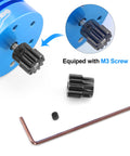 Two Piece 32P 11T Hardened Steel Pinion Gear Set For Traxxas Slash 4x4 Rustler Hoss TRX4 TRX6 RC Cars 3.175mm Shaft Direct Fit Upgrade Replacement Performance Kit with M3 screw and hex key, showing black pinion gear attached to blue motor.
