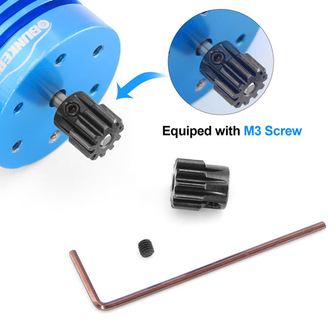 Two Piece 32P 11T Hardened Steel Pinion Gear Set For Traxxas Slash 4x4 Rustler Hoss TRX4 TRX6 RC Cars 3.175mm Shaft Direct Fit Upgrade Replacement Performance Kit with M3 screw and hex key, showing black pinion gear attached to blue motor.