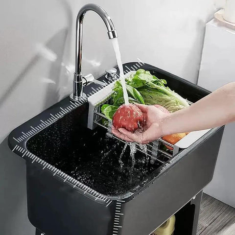 Heavy Duty Freestanding Slop Sink With Built In Storage Shelf For Kitchen Workshop Laundry And Garage Durable PP Material Holds Up To 200kg One Button Drain Black 60x40x76.5cm, water flowing over vegetables and fruit