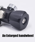 Close-up of an enlarged handwheel on Dual Gauge DIN Valve Fill Station Adapter With 20 Inch Hose 4500psi 300bar.