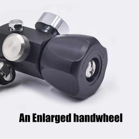 Close-up of an enlarged handwheel on Dual Gauge DIN Valve Fill Station Adapter With 20 Inch Hose 4500psi 300bar.