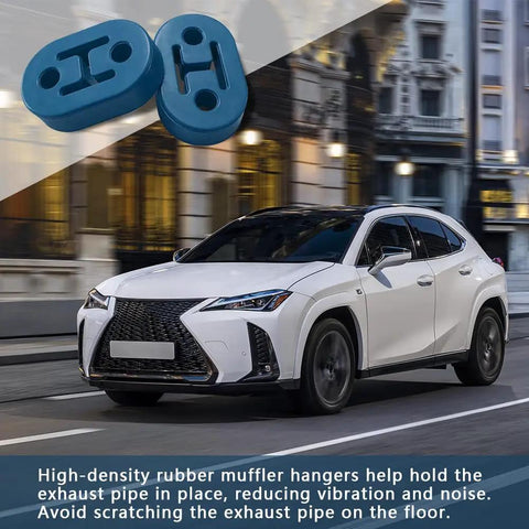 4 Pack Rubber Exhaust Hanger Set For Cars Trucks And SUVs with Two Hole Mounts 0.47 Inch shown next to a white SUV on street