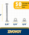 Heavy Duty 3/8 X 4 Carriage Bolt Kit Built To Last, Hot Dip Galvanized Grade 307A With 50 Pack, Includes 3/8 Inch USS Flat Washers And 3/8-16 Hex Nuts, Exterior Construction Ready, Gray Finish, 4-inch bolt with washer and nut