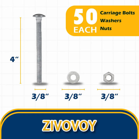 Heavy Duty 3/8 X 4 Carriage Bolt Kit Built To Last, Hot Dip Galvanized Grade 307A With 50 Pack, Includes 3/8 Inch USS Flat Washers And 3/8-16 Hex Nuts, Exterior Construction Ready, Gray Finish, 4-inch bolt with washer and nut