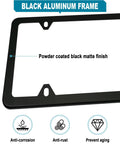 Powder coated black aluminum frame for magnetic license plate holder, showing anti-corrosion, anti-rust, prevent aging icons.