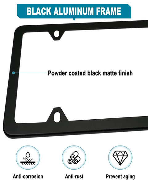 Powder coated black aluminum frame for magnetic license plate holder, showing anti-corrosion, anti-rust, prevent aging icons.