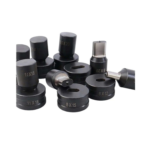 Heavy Duty Oval Hole Punch Die Set For CH 70 Hydraulic Punch, stainless steel molds visible, showing multiple size options including 8x12mm