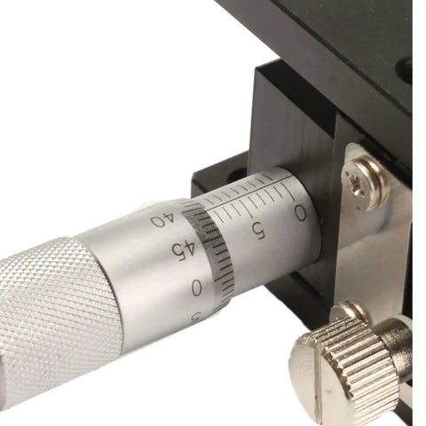 Close-up of micrometer on 60X60mm XYZ Three Axis Manual Linear Stage With Sliding Platform Pro Grade Micrometer Adjustable Tuning Table