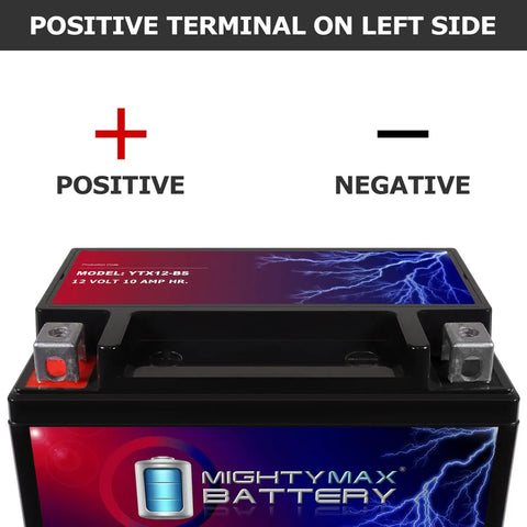 Boost Your Engine With This Slick 12V 10Ah 180CCA AGM Motorcycle Battery with visible positive terminal on left side.